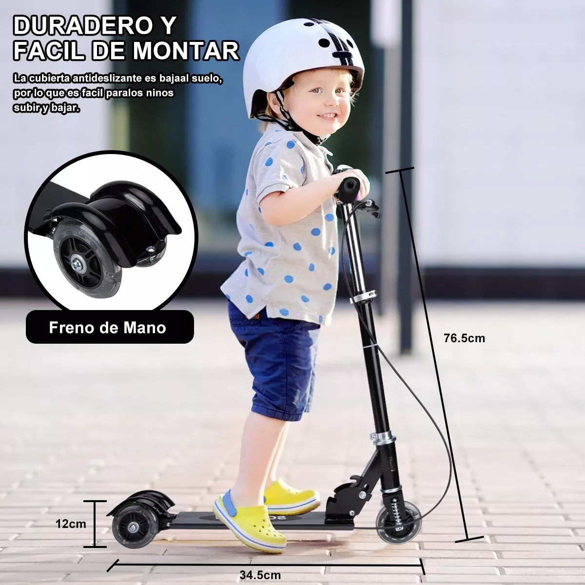Patinete Infantil Plegable Ajustable De Con Luzled Y Campana Negro