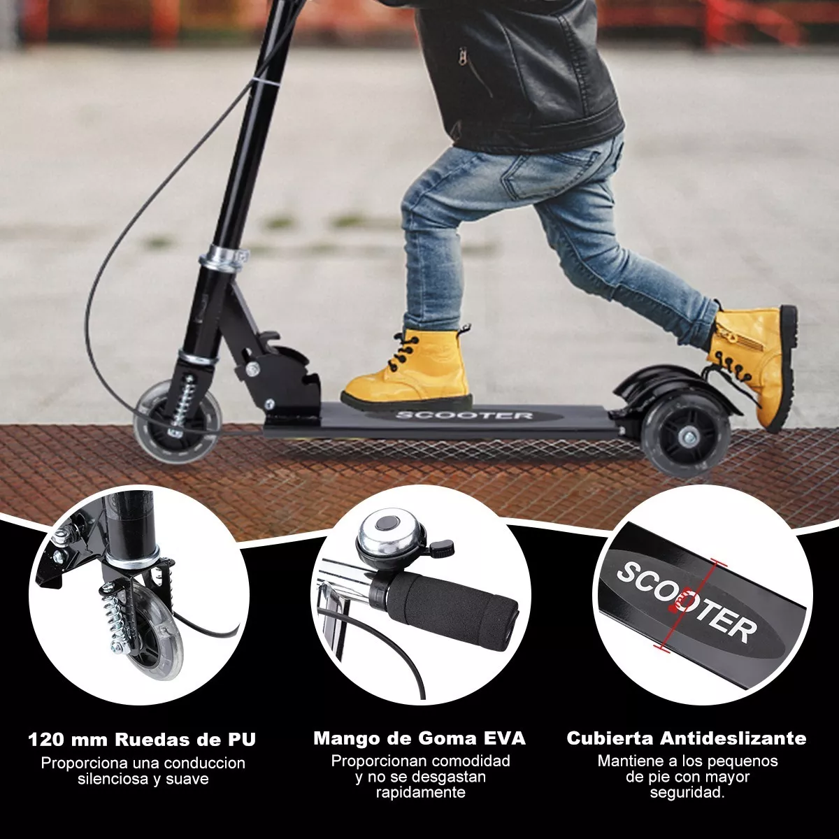 Patinete Infantil Plegable Ajustable De Con Luzled Y Campana Negro