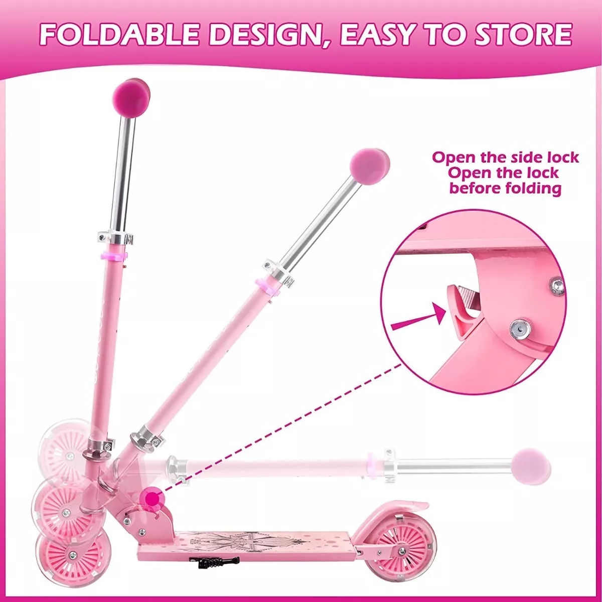 Monopatín De Pie Scooter Plegable Con Luces Para Niños Rosa