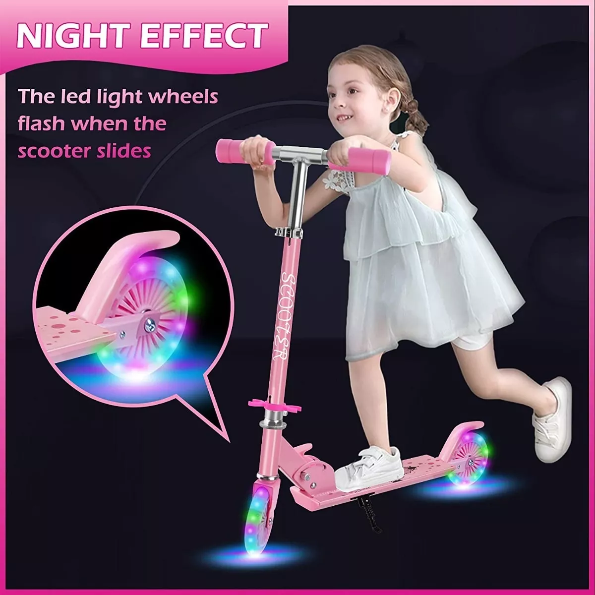 Monopatín De Pie Scooter Plegable Con Luces Para Niños Rosa