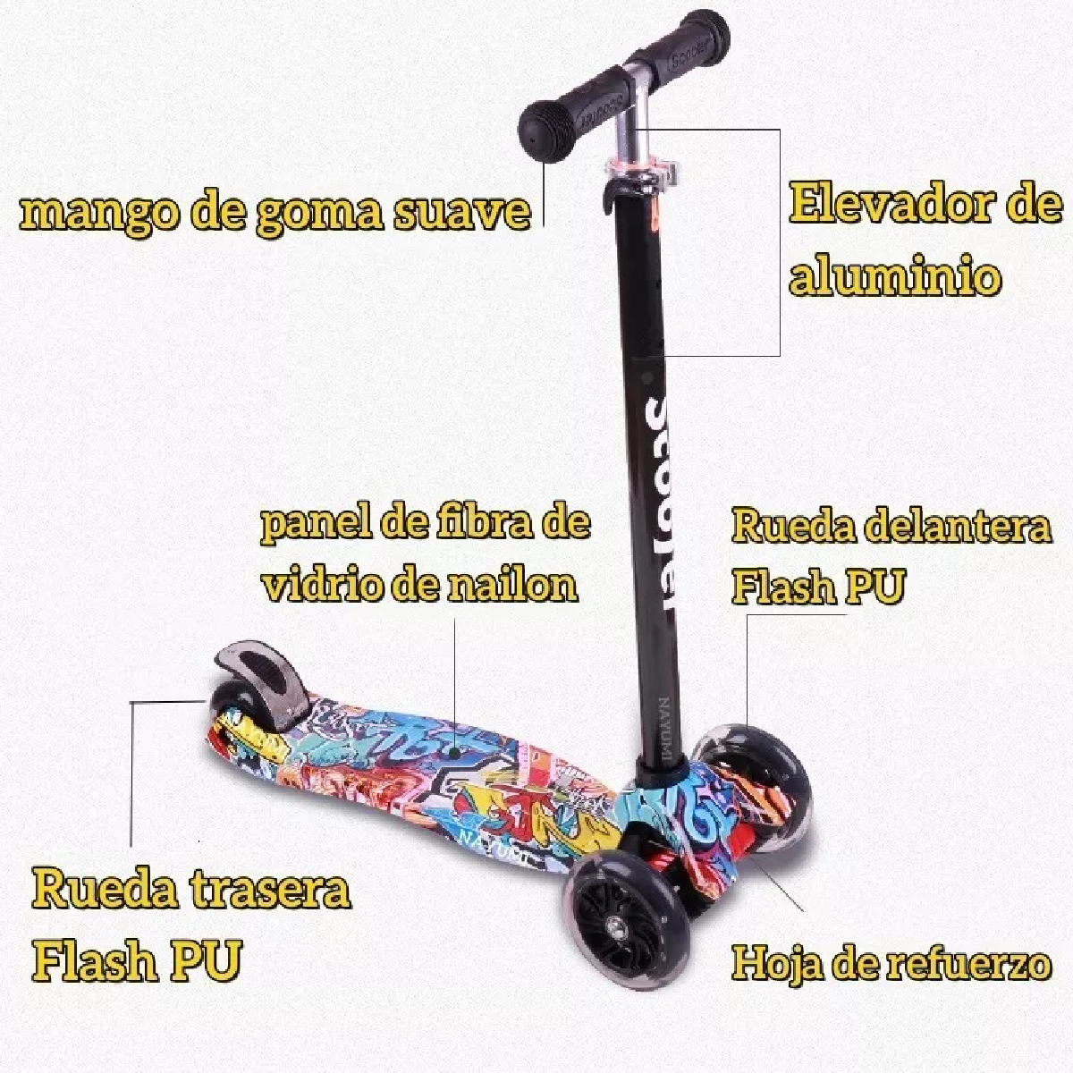 Monopatín De Pie Scooter Desmontable 4 Ruedas Luces P/ Niños Amarillo