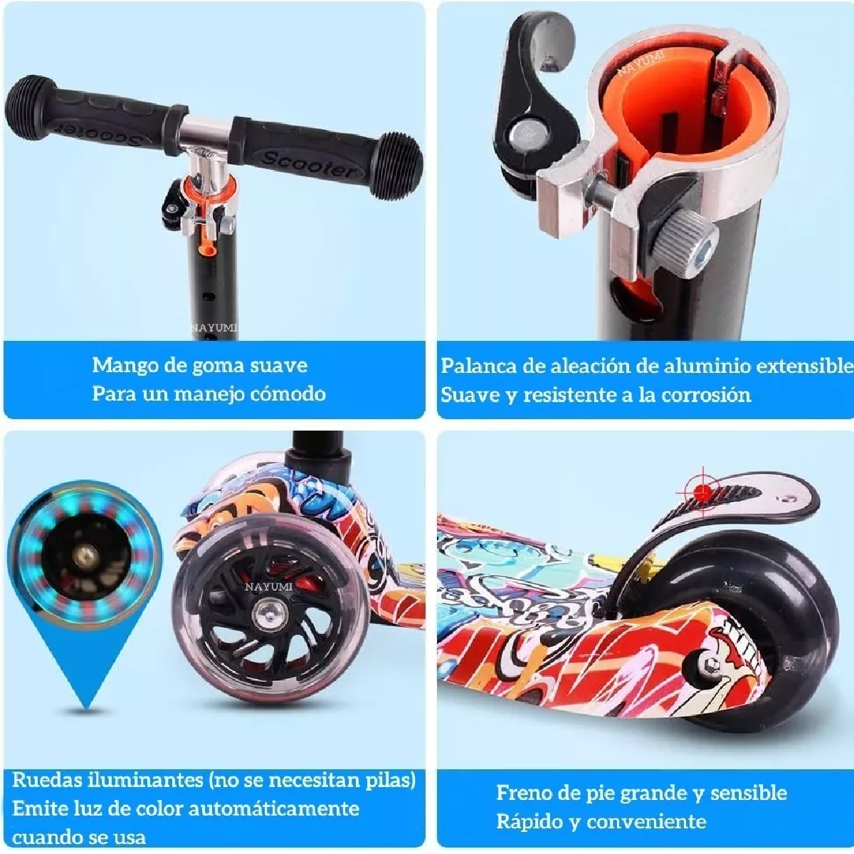 Monopatín De Pie Scooter Desmontable 4 Ruedas Luces P/ Niños Amarillo