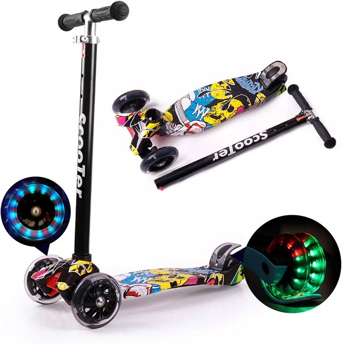 Monopatín De Pie Scooter Desmontable 4 Ruedas Luces P/ Niños Amarillo