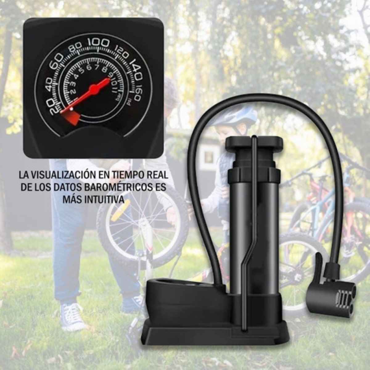 Mini Bomba De Pie Para Bicicleta Portátil Con Manómetro Negro