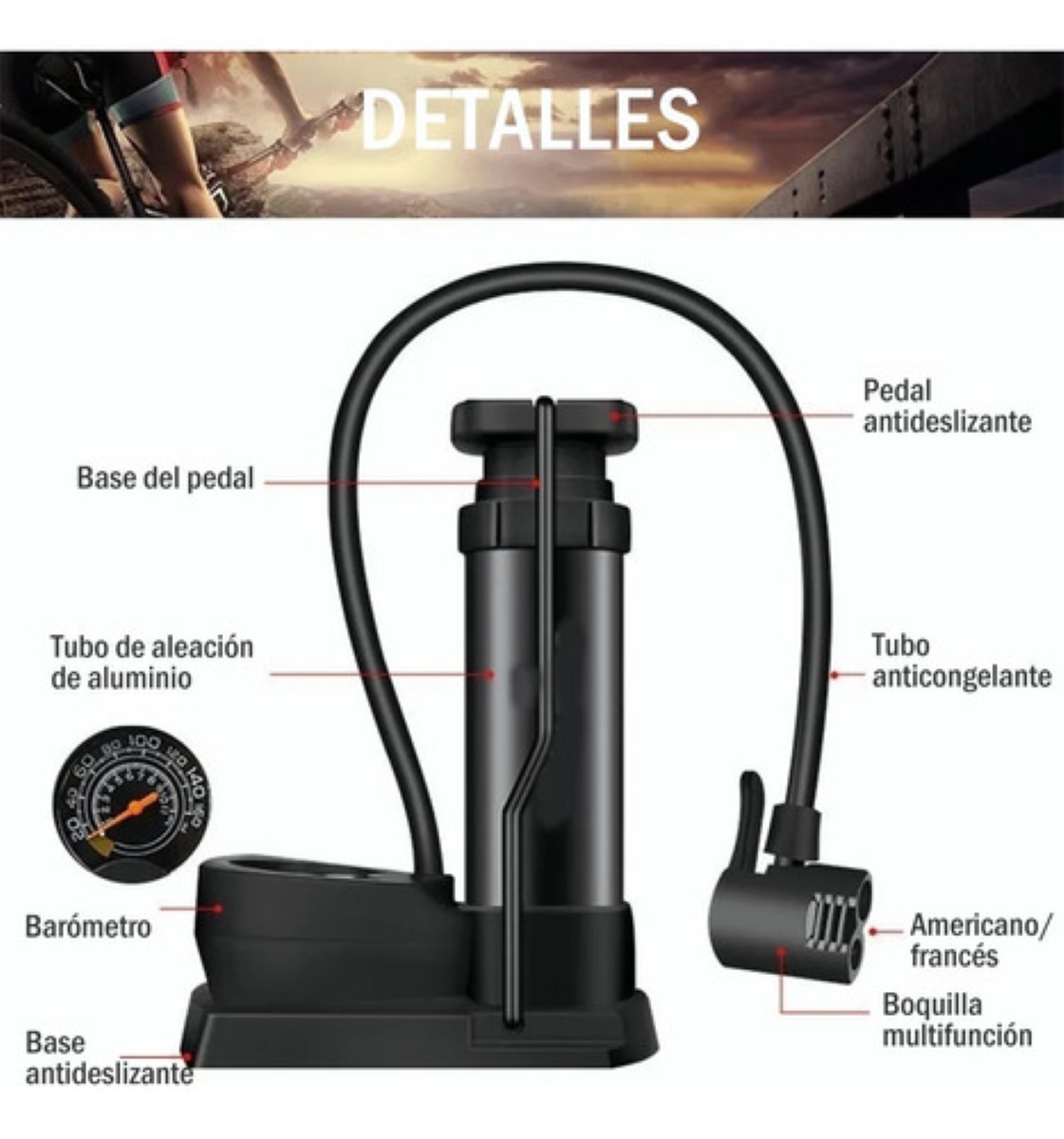 Mini Bomba De Pie Para Bicicleta Portátil Con Manómetro Negro