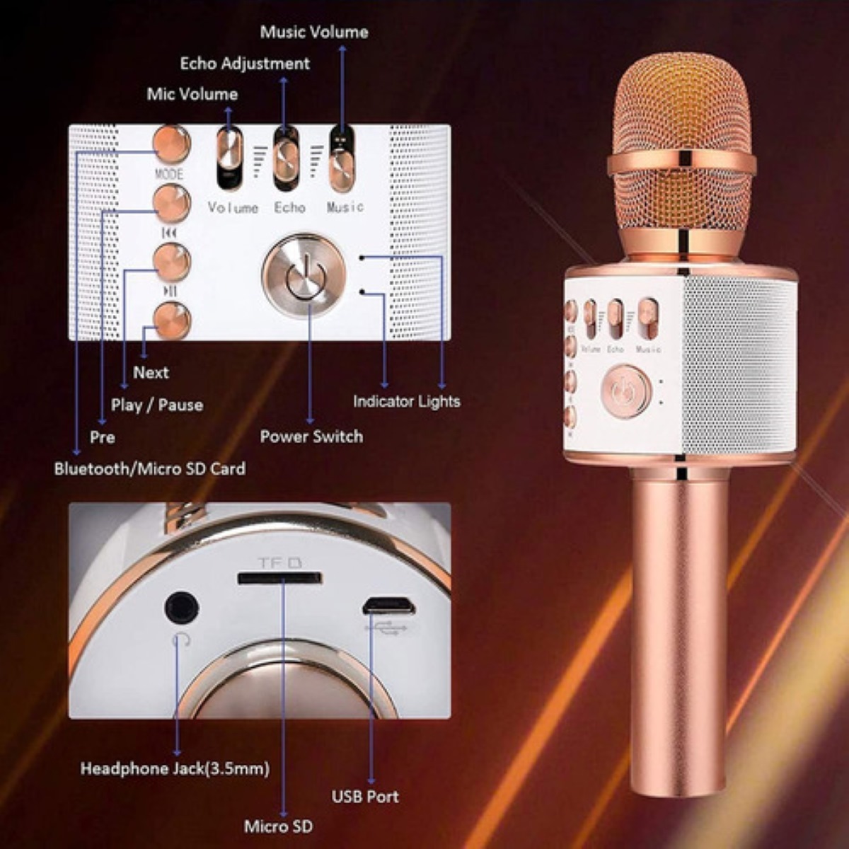 Micrófono Inalámbrico Bluetooth Rosa Golden 