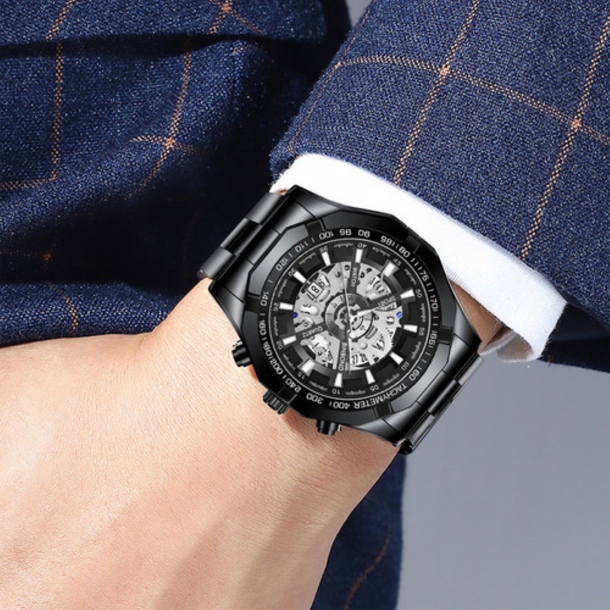 Reloj Con Luminoso Correa Metálica Hombre Negro