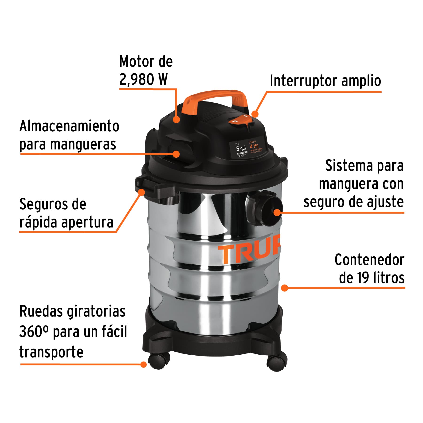 ASPIRADORA DE SÓLIDOS Y LÍQUIDOS DE 5 GAL EN ACERO INOX TRUPER 101523