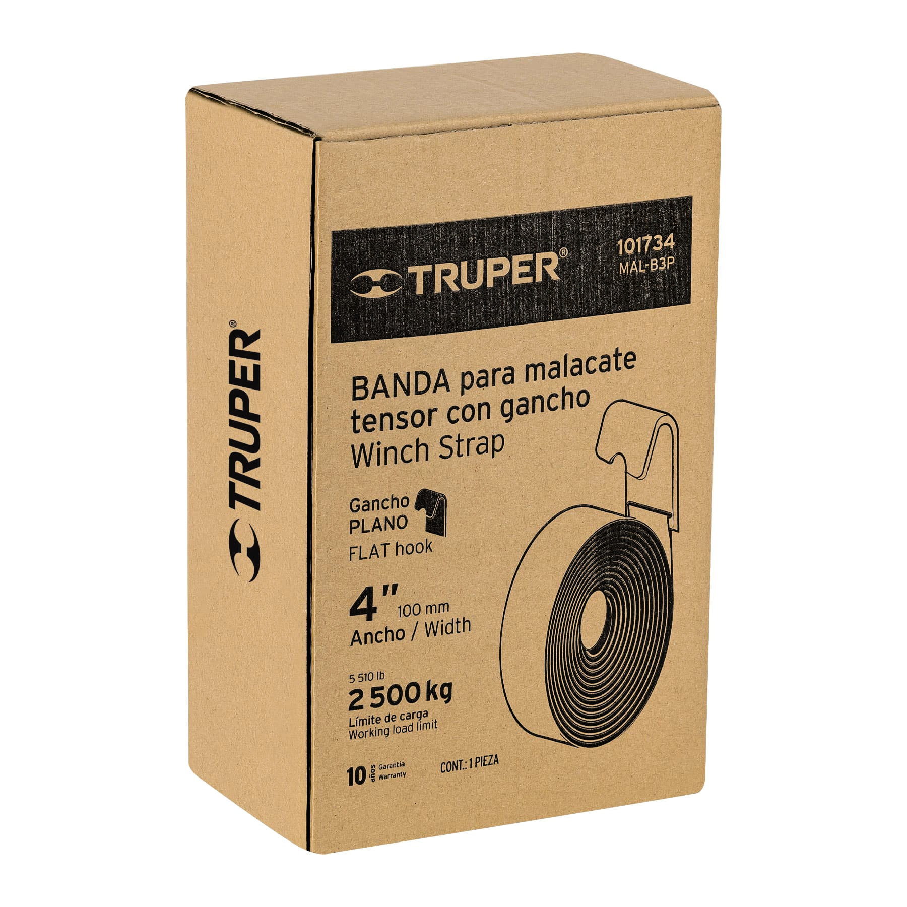 BANDA DE 4" X 9 M CON GANCHO PLANO PARA MALACATE, TRUPER 101734