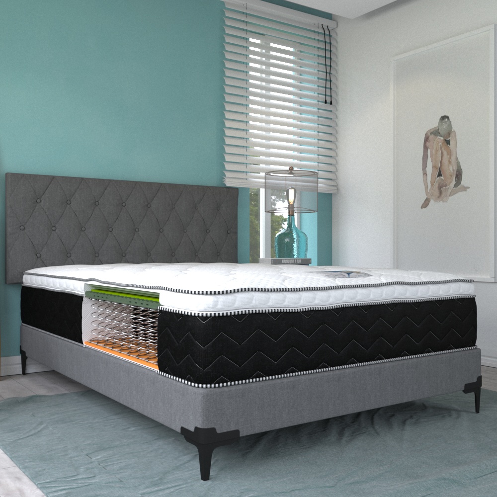 Box con Cabecera y Colchón Matrimonial PresToon Serta Ortopédico Comfort Foam + 2 Almohadas SOGNARE