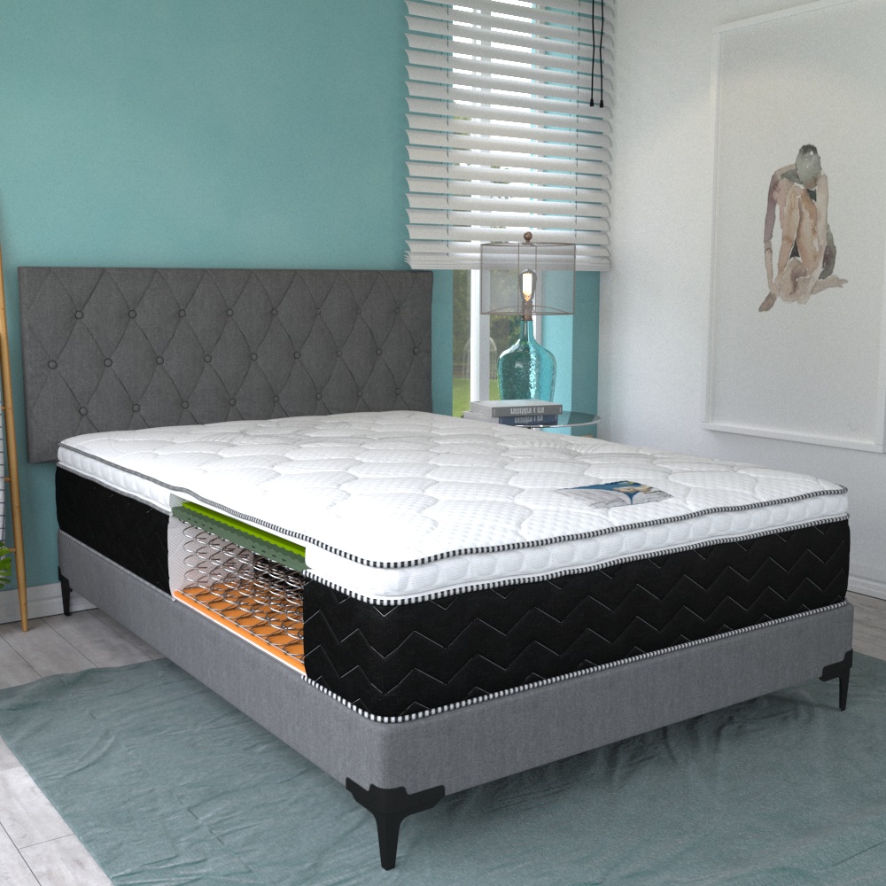 Box con Cabecera y Colchón Matrimonial PresToon Serta Ortopédico Comfort Foam + 2 Almohadas SOGNARE