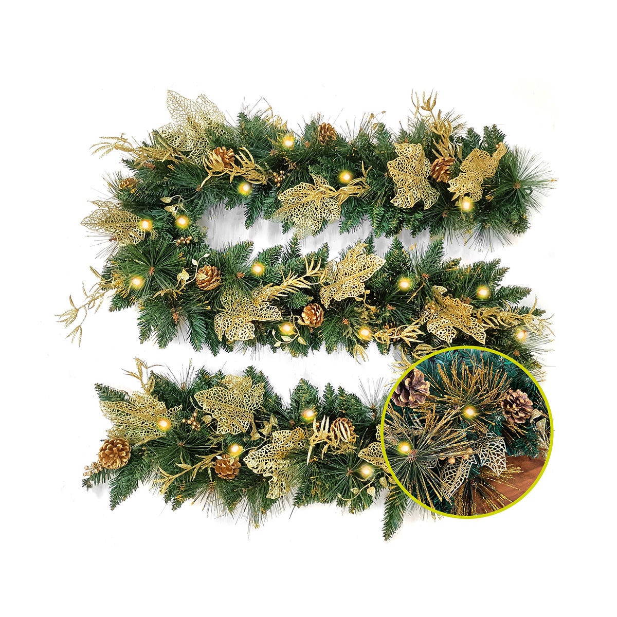 Guirnalda de Navidad con luces BRIGHT DORADA guía decorativa iluminada navideña decorada Christmas wreath 2.7m
