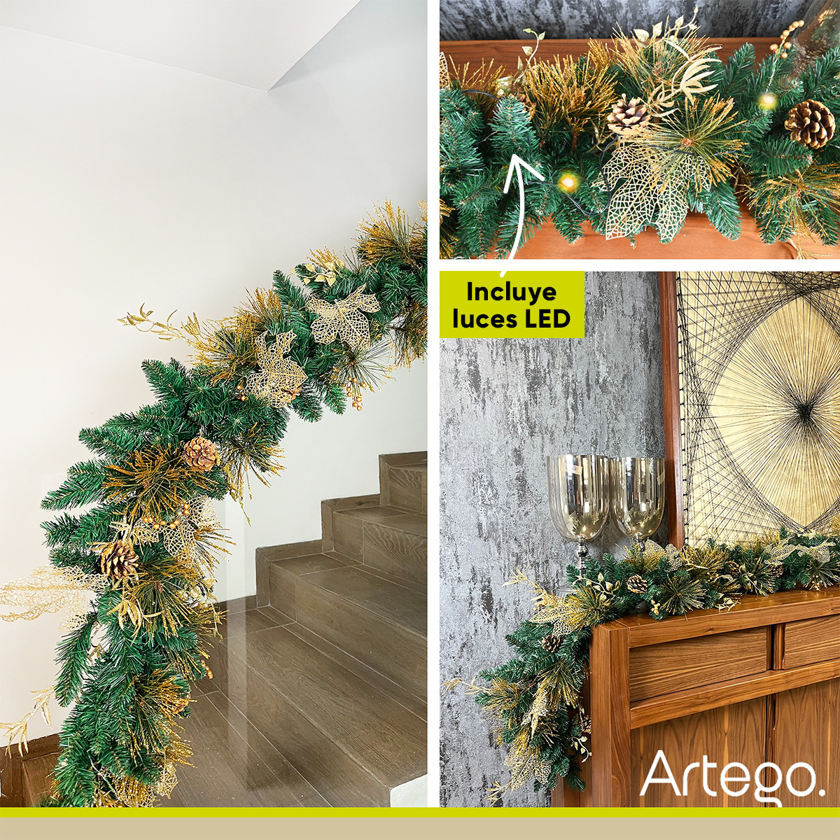 Guirnalda de Navidad con luces BRIGHT DORADA guía decorativa iluminada navideña decorada Christmas wreath 2.7m