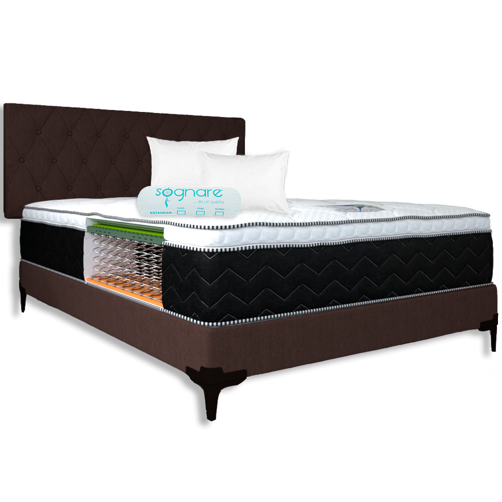 Box con Cabecera y Colchón Matrimonial PresToon Serta Ortopédico Comfort Foam + 2 Almohadas SOGNARE