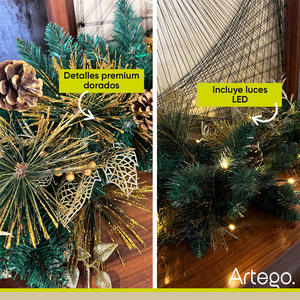 Guirnalda de Navidad con luces BRIGHT DORADA guía decorativa iluminada navideña decorada Christmas wreath 2.7m