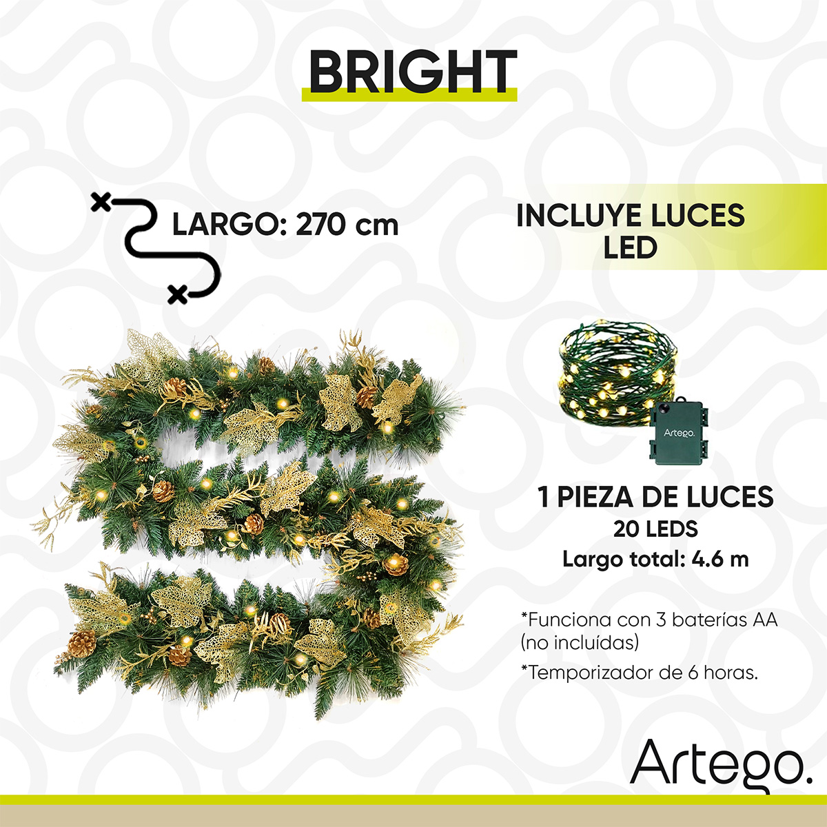 Guirnalda de Navidad con luces BRIGHT DORADA guía decorativa iluminada navideña decorada Christmas wreath 2.7m