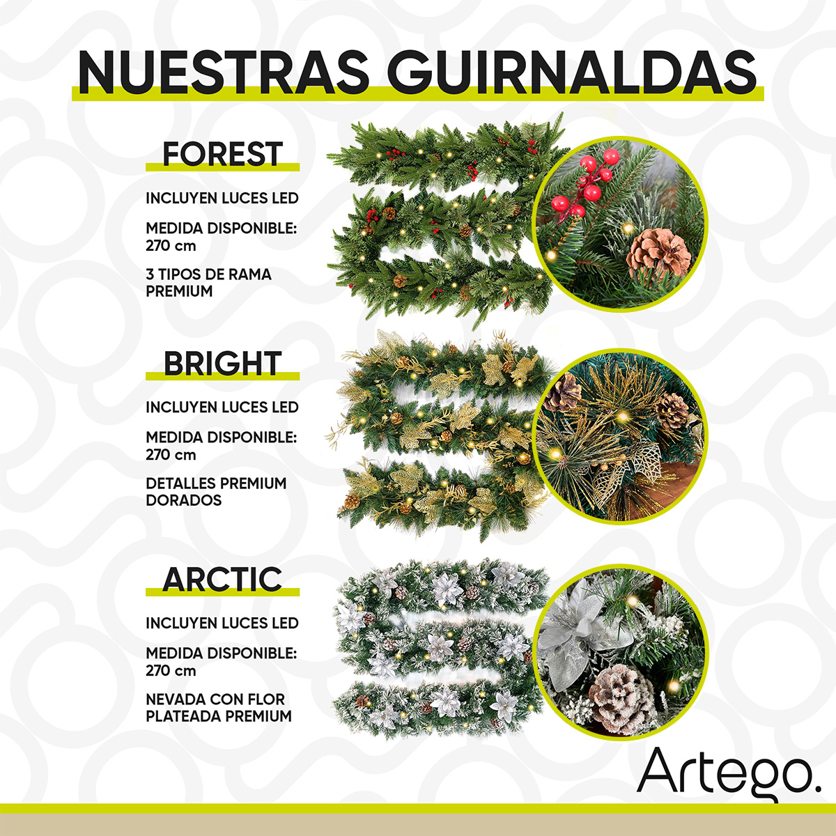Guirnalda de Navidad con luces BRIGHT DORADA guía decorativa iluminada navideña decorada Christmas wreath 2.7m