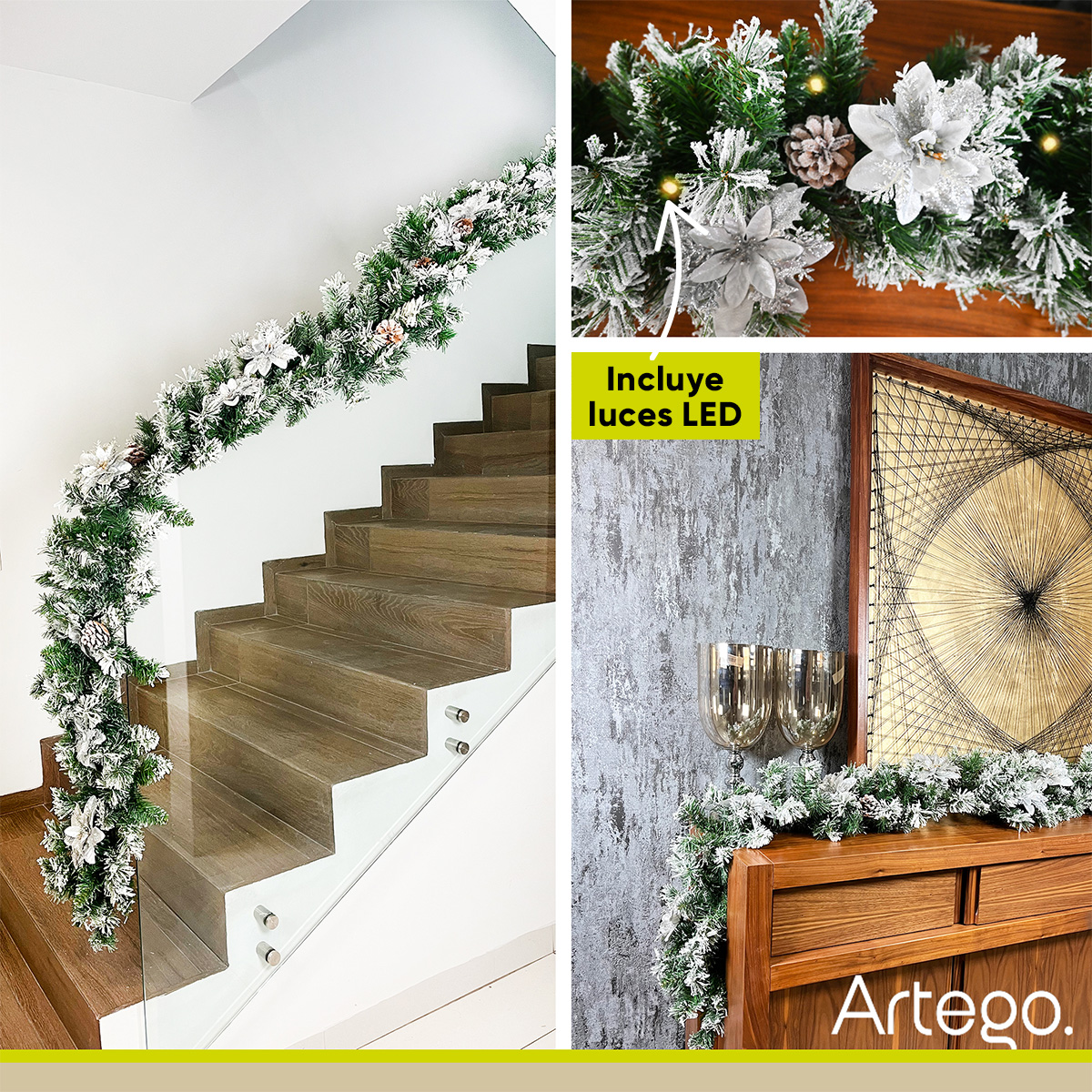 Guirnalda de Navidad con luces ARCTIC NEVADA guía decorativa iluminada navideña decorada Christmas wreath 2.7m