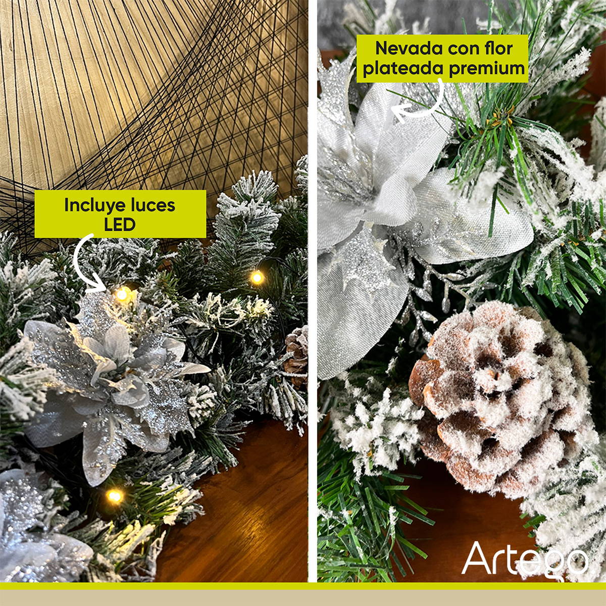 Guirnalda de Navidad con luces ARCTIC NEVADA guía decorativa iluminada navideña decorada Christmas wreath 2.7m