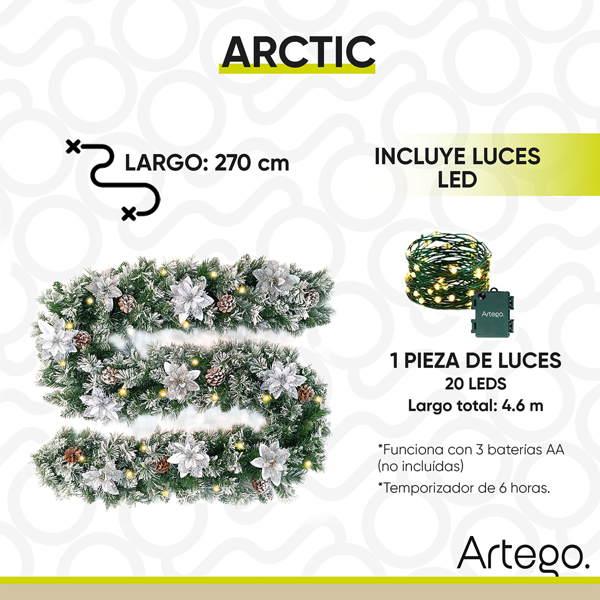Guirnalda de Navidad con luces ARCTIC NEVADA guía decorativa iluminada navideña decorada Christmas wreath 2.7m