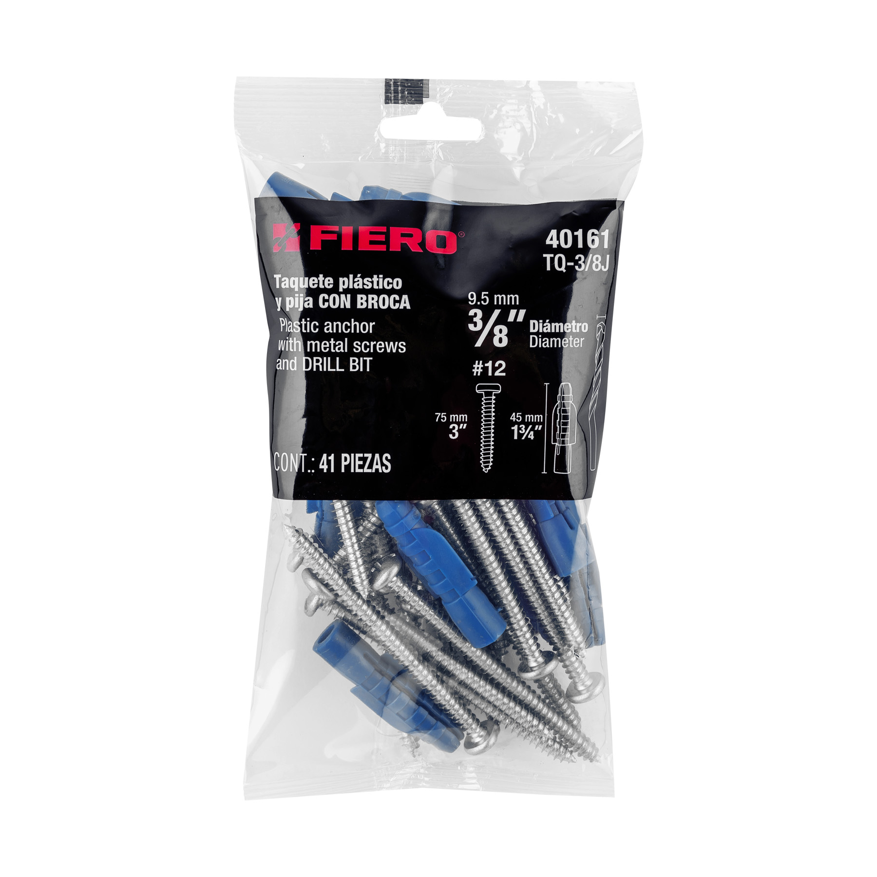 KIT DE 20 TAQUETES 3/8" CON PIJAS #12 Y 1 BROCA 3/8", FIERO 40161