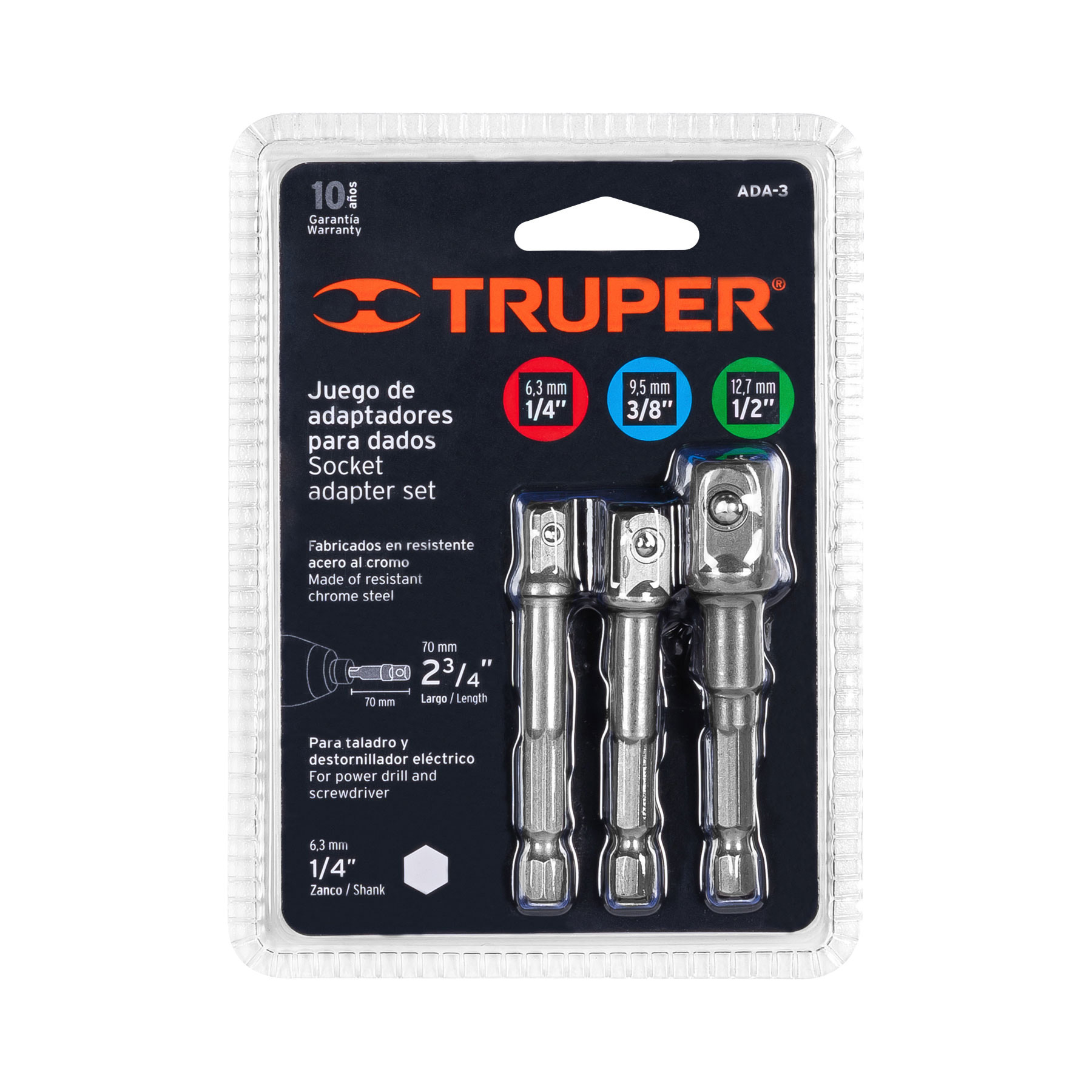JUEGO DE 3 ADAPTADORES PARA DADOS DE 1/4", 3/8" Y 1/2" TRUPER 10752