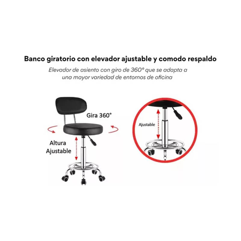 Silla Bar Taburete Compraymas Negro Silla Giratoria Ajustable Con Respaldo con Ruedas