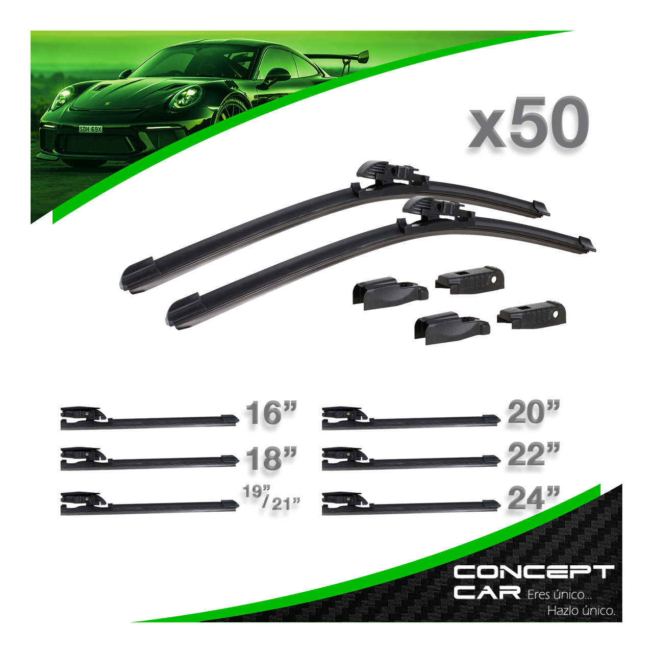 50 Par Plumas Limpiaparabrisas Curvas Banana Universal 6 En 1