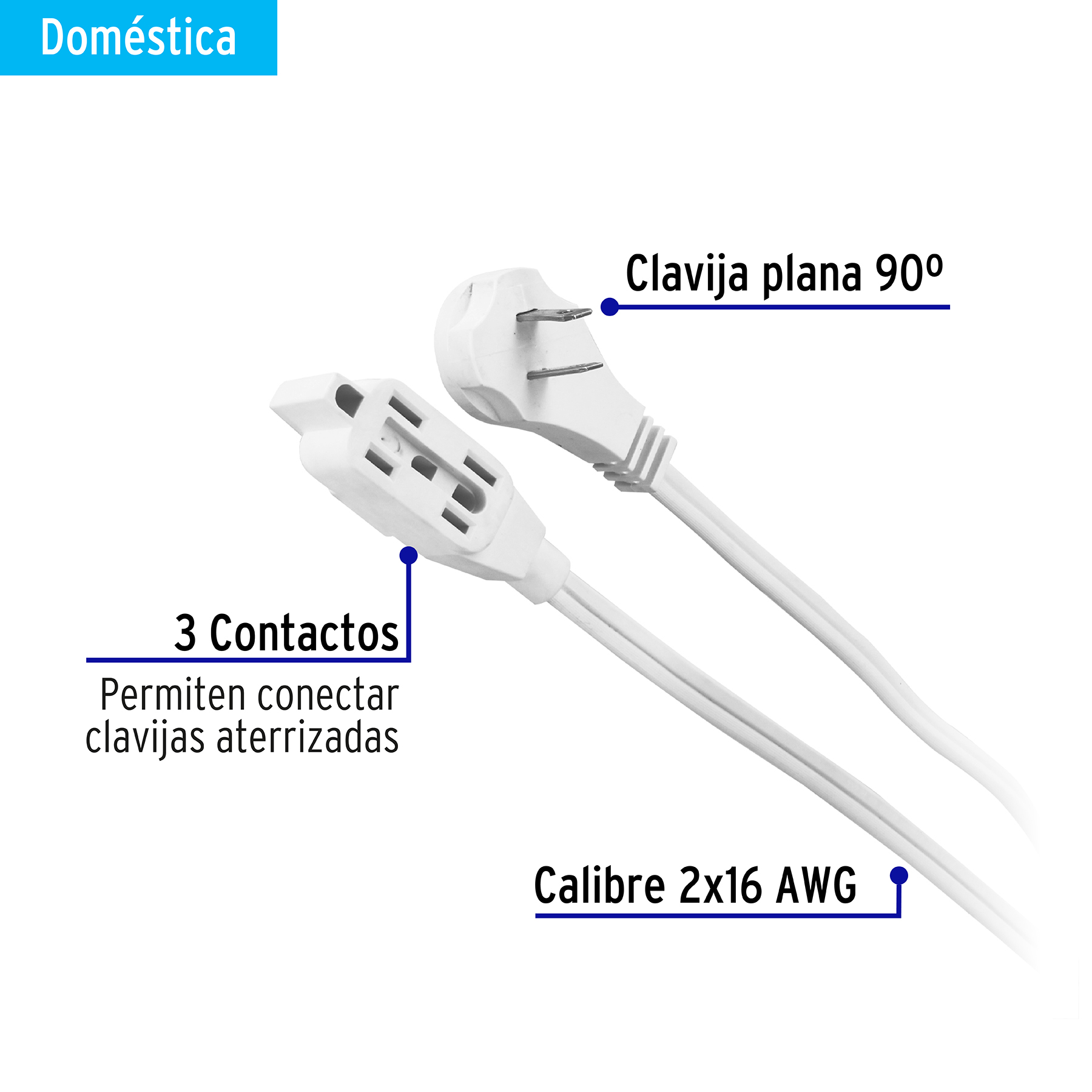 EXTENSIÓN ELÉCTRICA DOMÉSTICA 2 M BLANCA CON CLAVIJA PLANA VOLTECK 48000