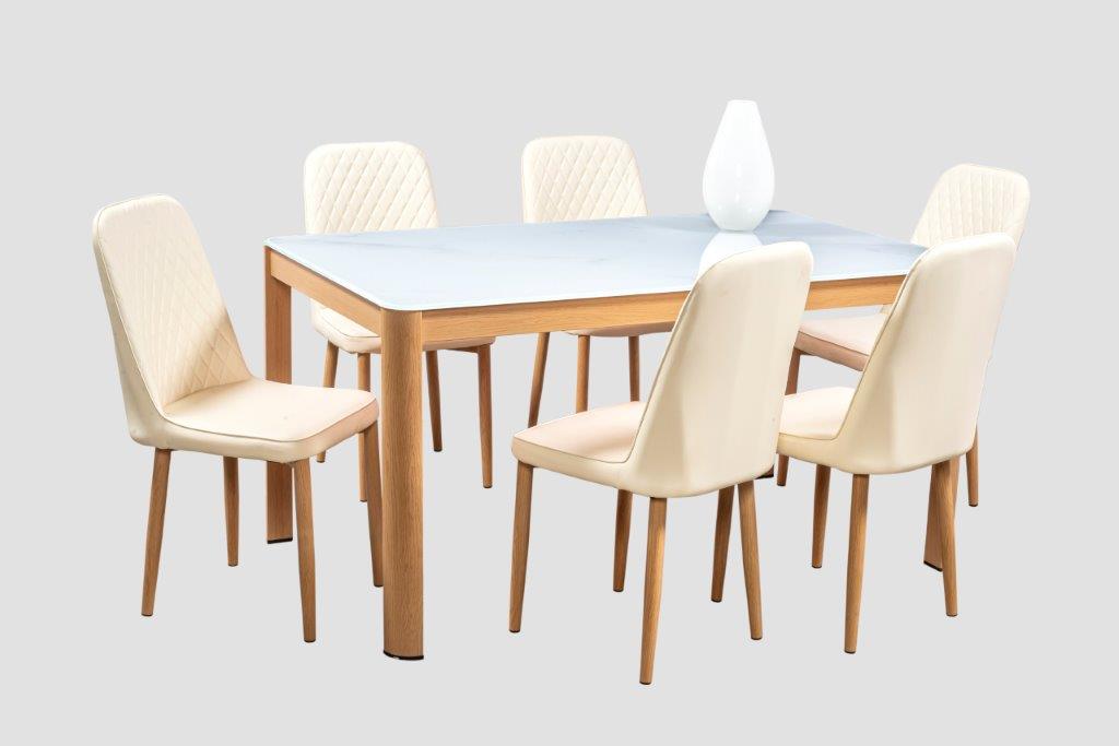 Comedor Chester Beige 6 Sillas Rectangular Tubular y Cristal.