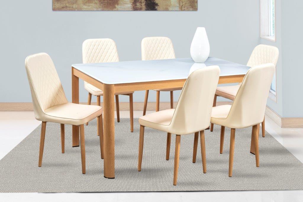 Comedor Chester Beige 6 Sillas Rectangular Tubular y Cristal.