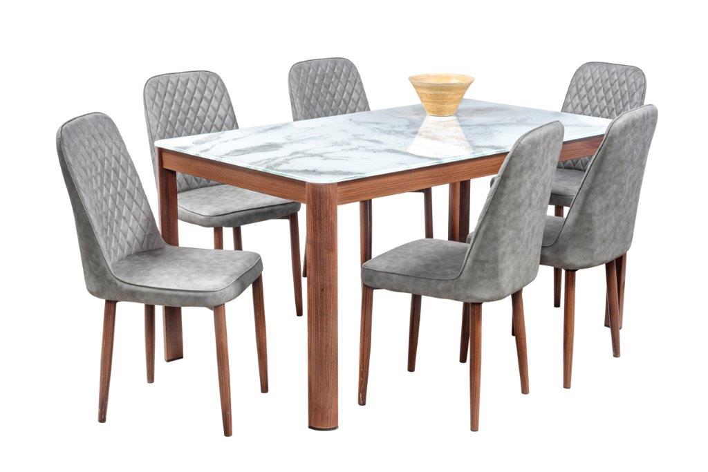 Comedor Chester Gris 6 Sillas Rectangular Tubular y Cristal.