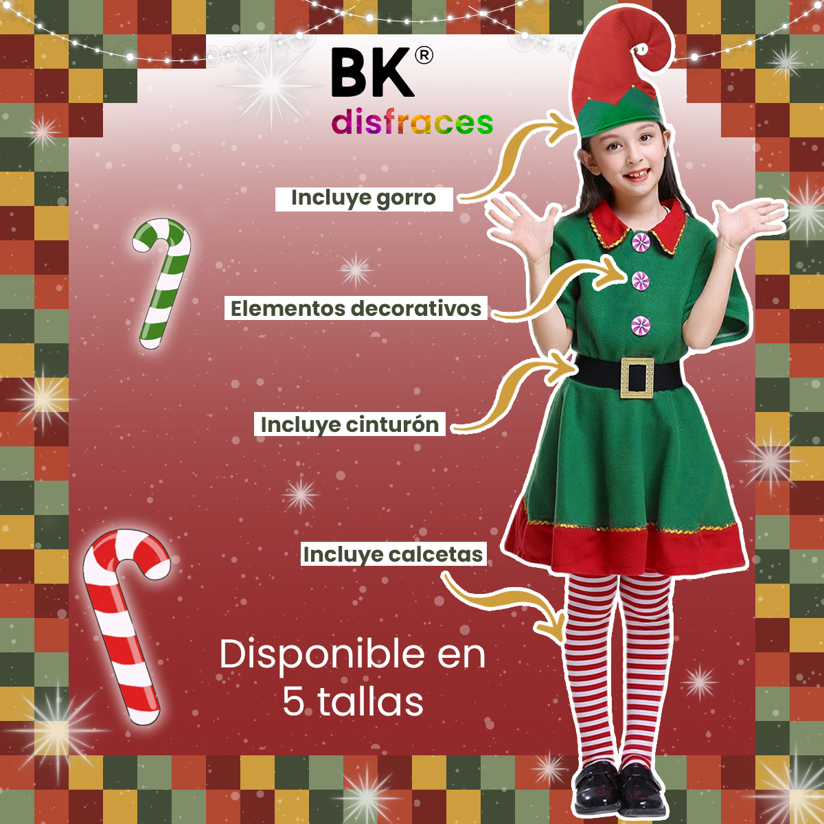 Disfraz Duende De Navidad Niñas Infantil Duendecilla Elfa Ayudante Santa  Claus De Tela Festival Navideño Tallas Disponibles