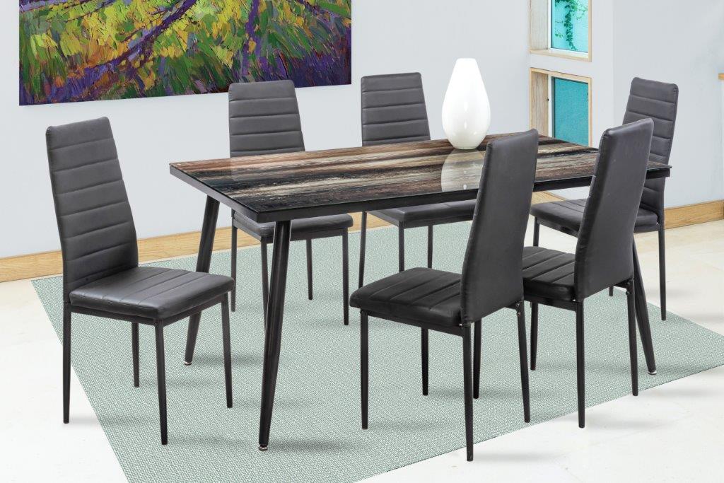 Comedor Toyo Negro 6 Sillas Rectangular Tubular y Cristal