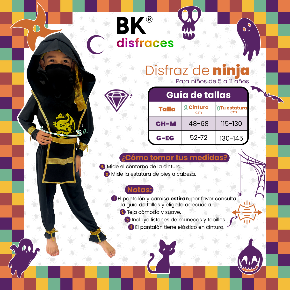 Disfraz De Halloween De Tela Niños Niñas Unisex Ninja Dragon Samurai Karateca Guerrero Warrior Tallas Disponibles