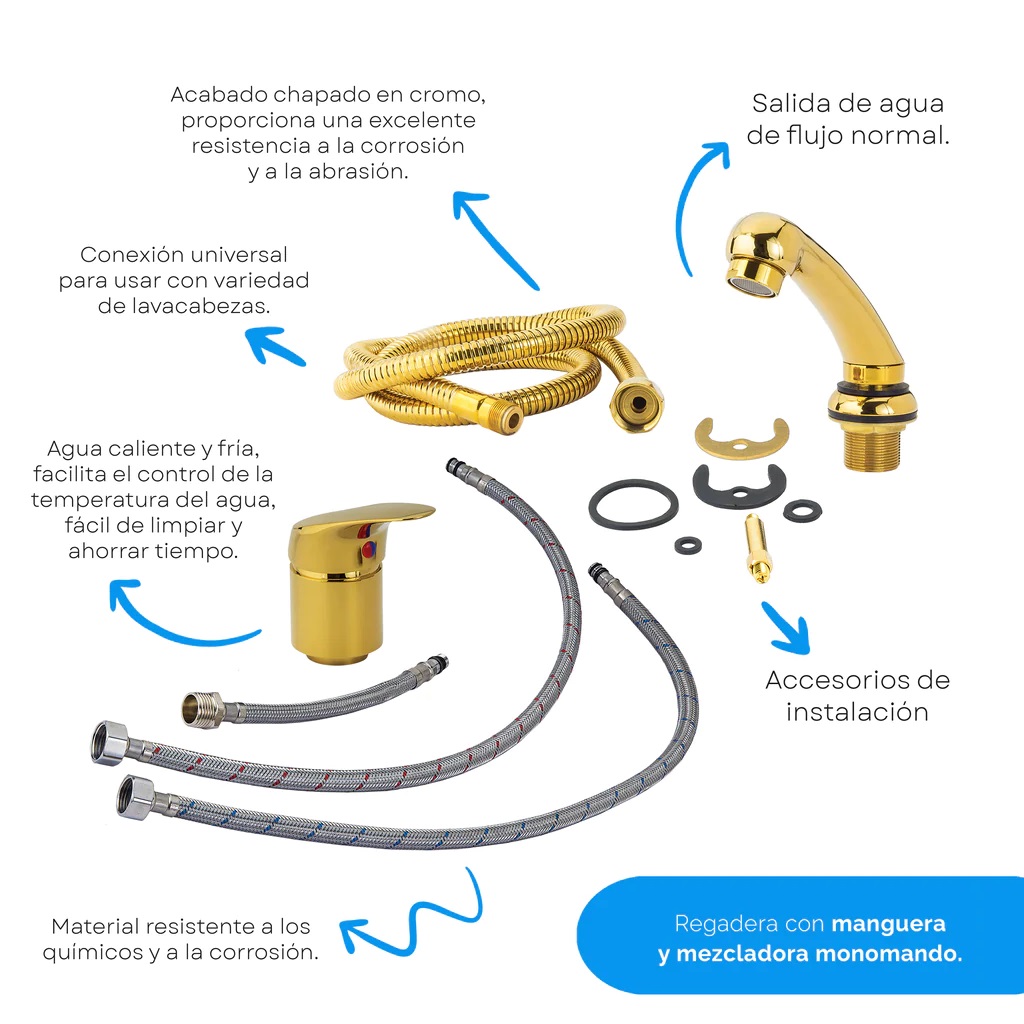 Regadera Con Manguera y Mezcladora Monomando Dorado Letmex X-601G