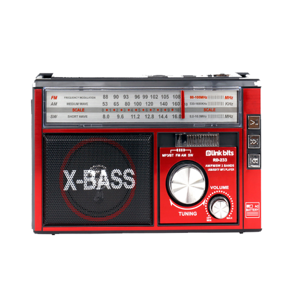 BOCINA PORTATIL  BLUETOOTH RADIO FM/AM XBASS RD-233 LINK BITS ROJO