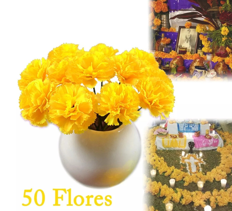 50pzs Flor Cempasúchil Decoración De Halloween Dia Muertos amarilla