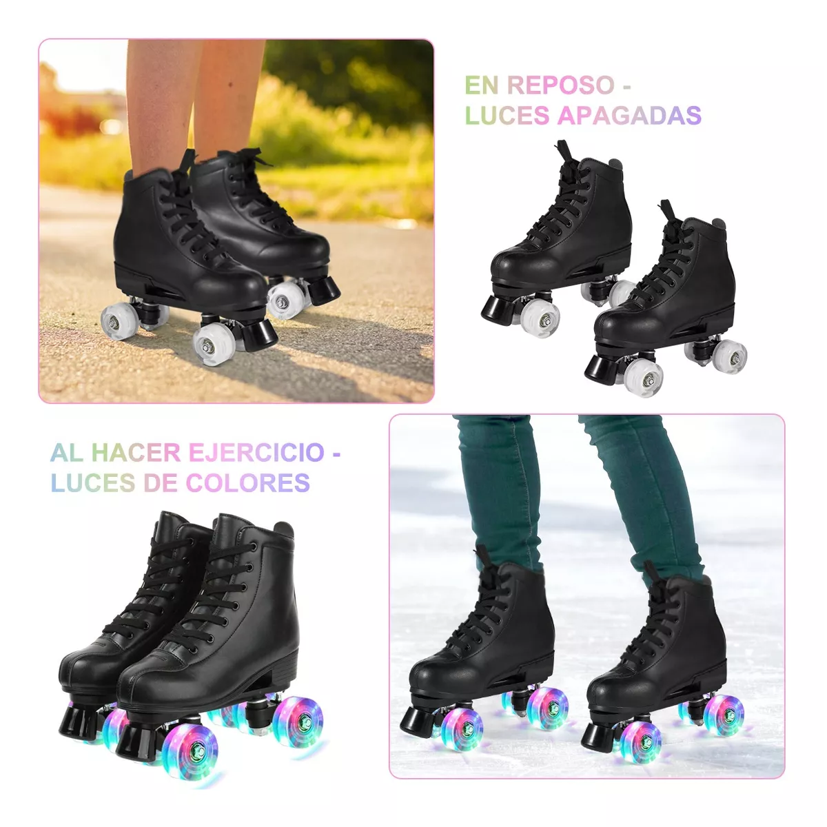 Patines Roller De 4 Ruedas Doble Fila Para Mujer Con Led Talla 38 Negro