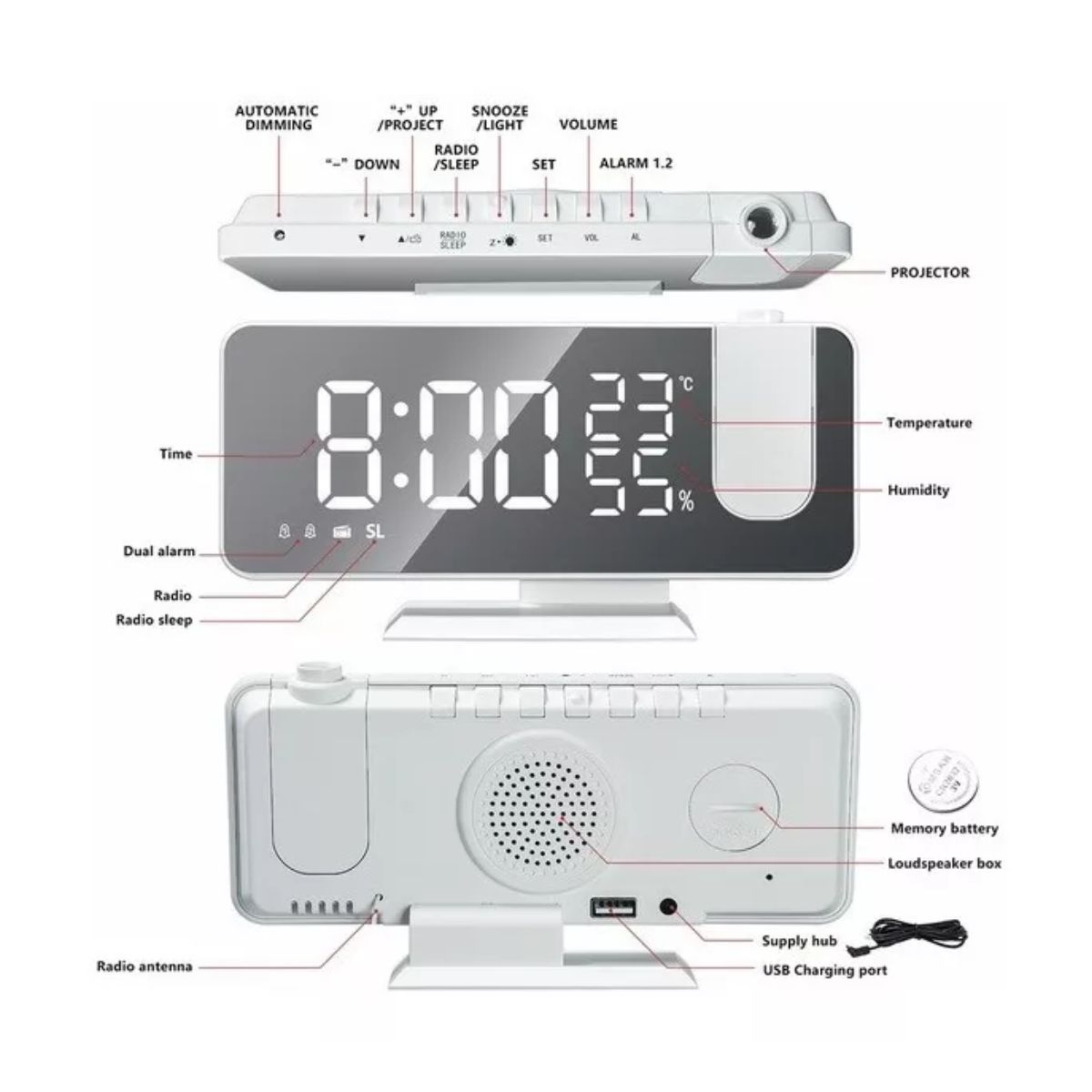 Reloj Despertador Led Proyector Y Pantalla Grande Blanco