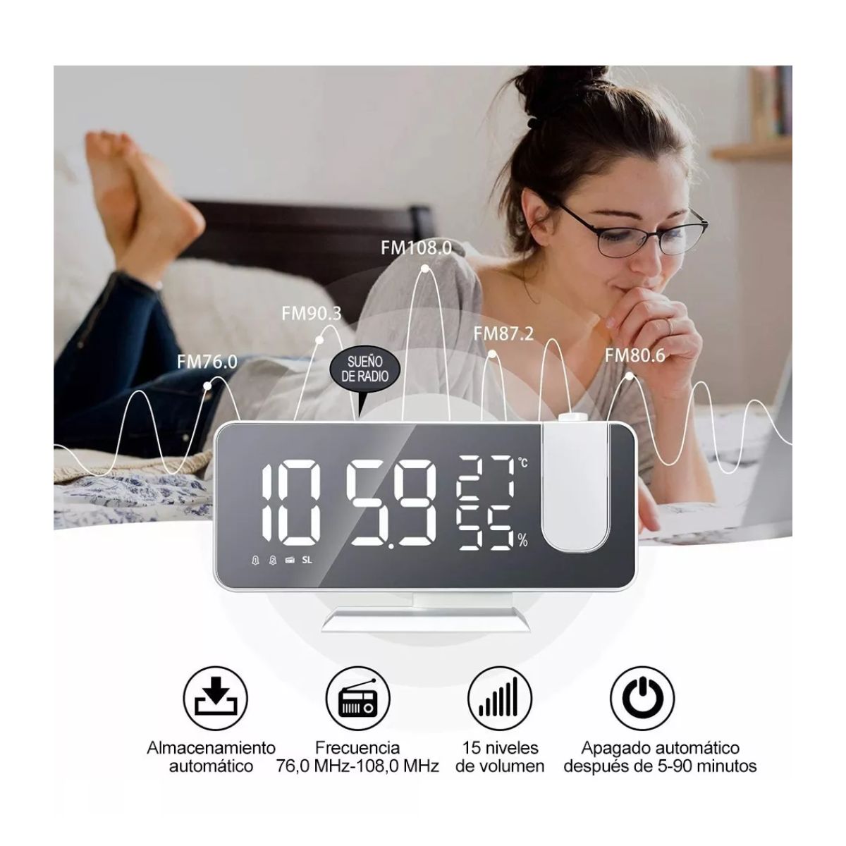 Reloj Despertador Led Proyector Y Pantalla Grande Blanco