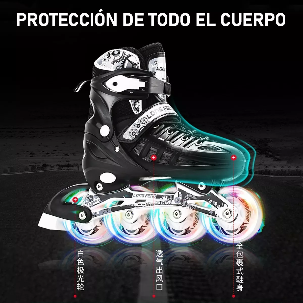Patines En Linea Ajustables Profesionales + Rodilleras Casco L 39mm