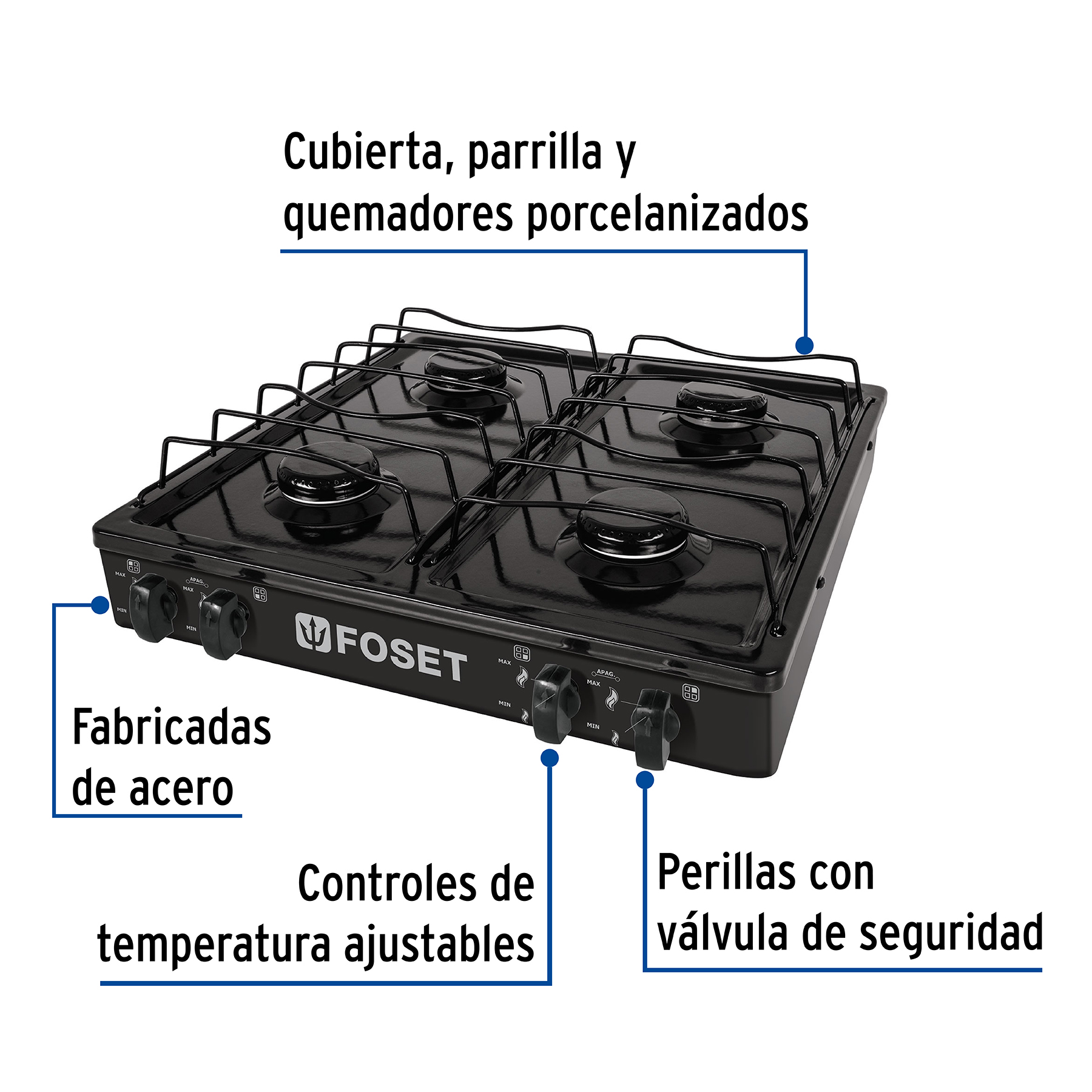 PARRILLA DE GAS DE SOBREPONER 4 QUEMADORES, NEGRA, FOSET 48149
