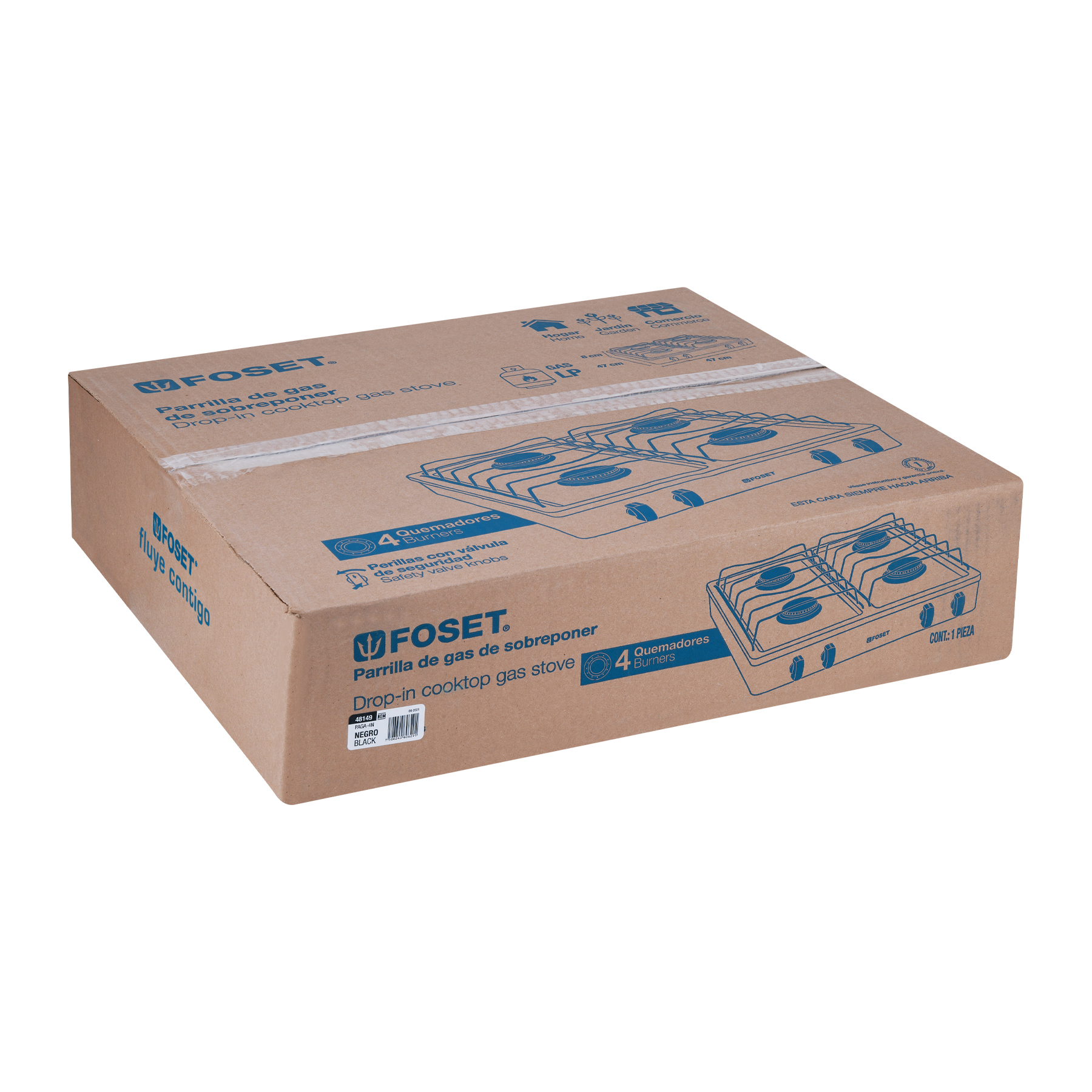 PARRILLA DE GAS DE SOBREPONER 4 QUEMADORES, NEGRA, FOSET 48149