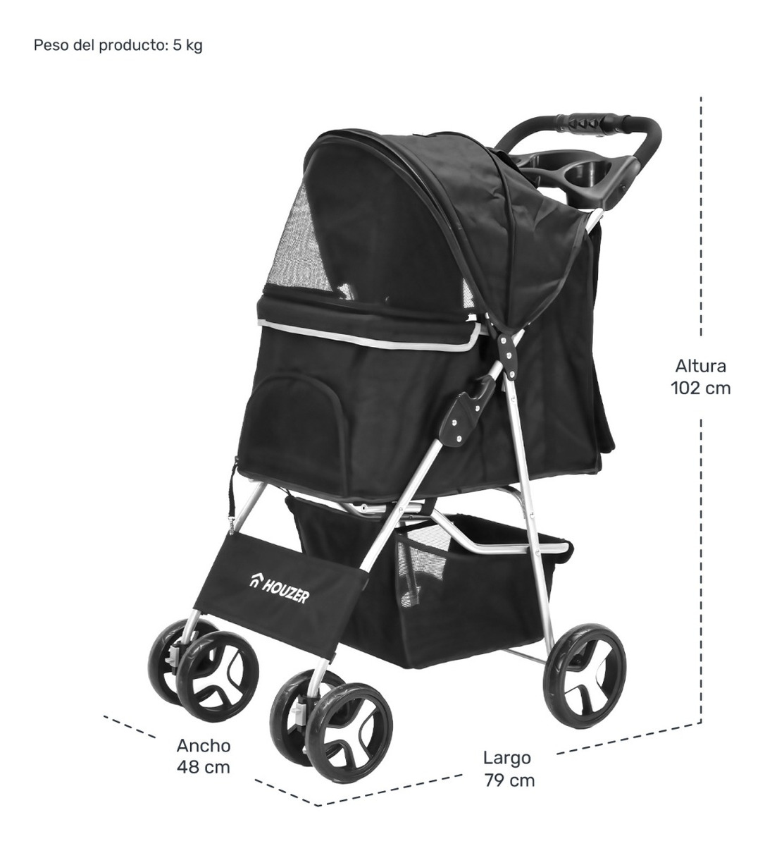 Carriola Plegable Mascotas Perros Gatos Pet Negro