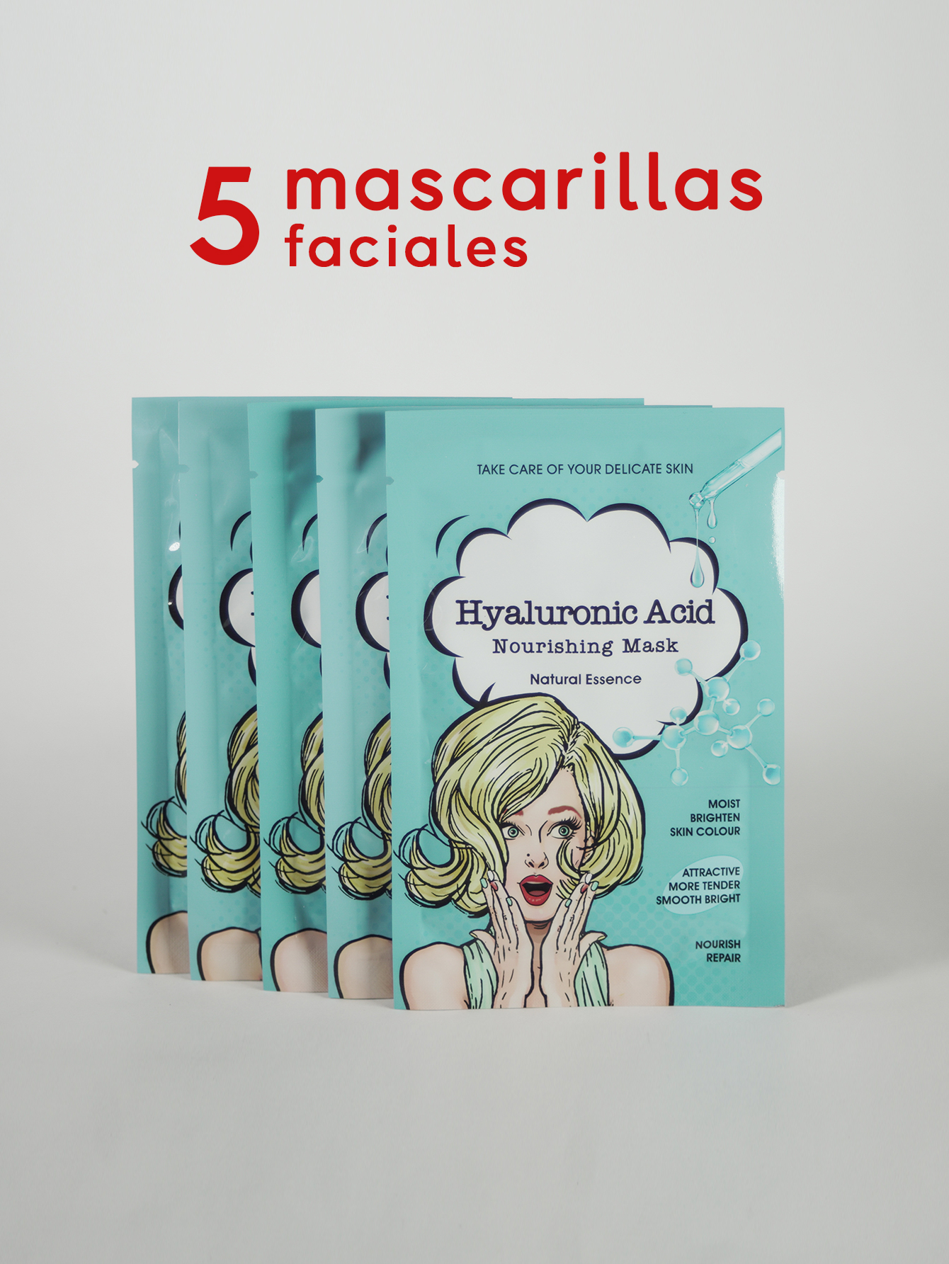 5 Mascarillas de tela de Acido Hialurónico, nutre y suaviza la piel del rostro