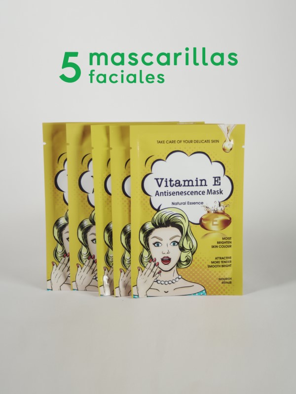 5 Mascarillas faciales de tela con Vitamina E, cuidado piel delicada, humectantes y nutritivas