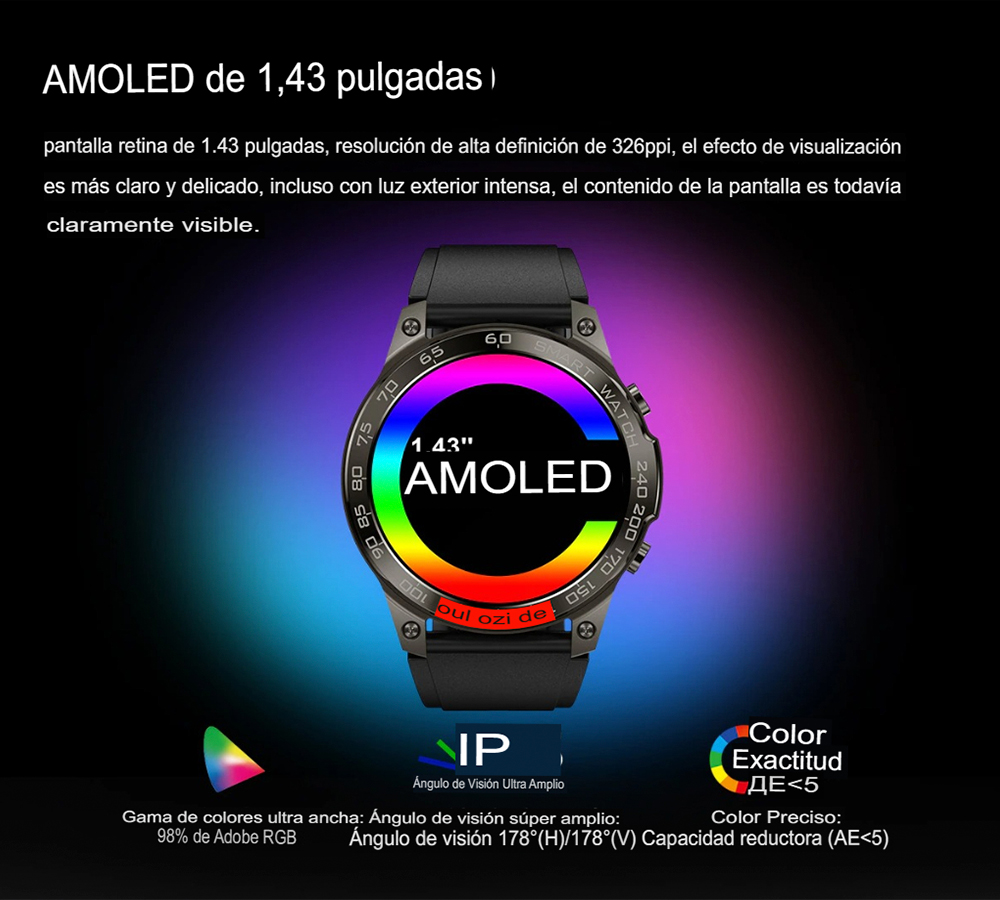 SmartWatch con Pantalla AMOLED High Definition: Bateria de alta duracion, Monitorea tu salud y conectividad móvil en tiempo real para caballeros.
