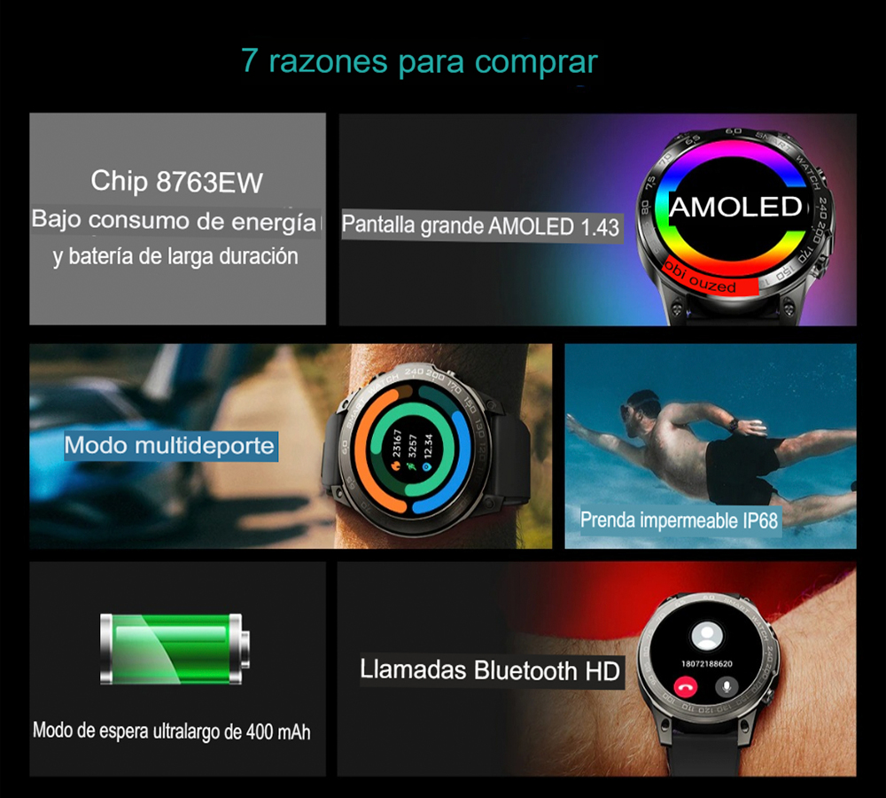 SmartWatch con Pantalla AMOLED High Definition: Bateria de alta duracion, Monitorea tu salud y conectividad móvil en tiempo real para caballeros.