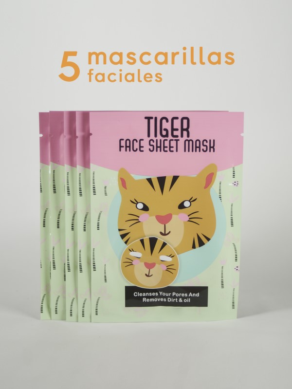 5 Mascarillas faciales de tela "TIGRE" limpia los poros y remueve impurezas del rostro